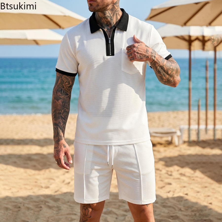 Mens Waffle Collar Polo Short  - огляд і ціна Summer Clothing Vacation