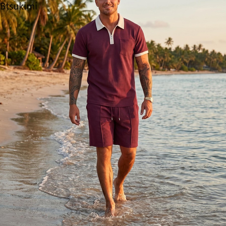 Mens Waffle Collar Polo Short  - огляд і ціна Summer Clothing Vacation